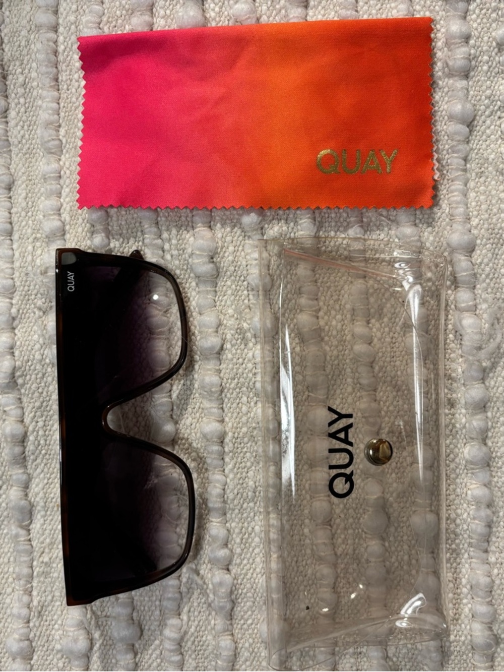Quay Australia Black Shield Sunglasses with Pink-Orange Ombre Wipe and Case